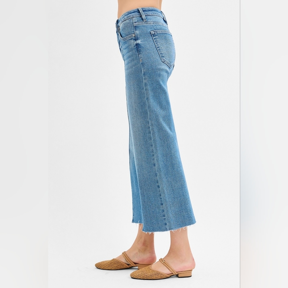 RISEN Mid-Rise Tummy Control Pintuck Seam Wide Leg Pants Slit Hem Denim Jeans - Picture 11 of 16